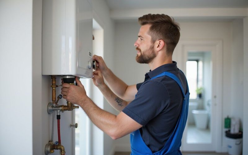 Technician diagnosing hot water system fault