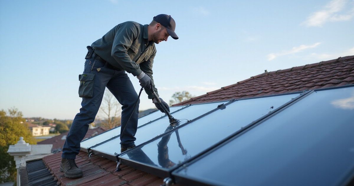 Solar hot water system maintenance being performed